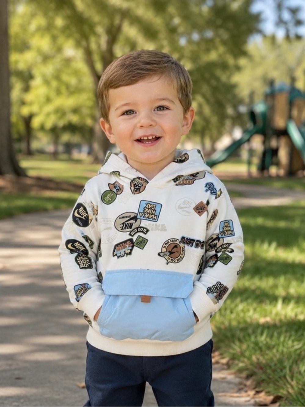 Nike Toddler Boys 2T All Over Print Logo Hoodie Light Blue Flap Pocket NWT